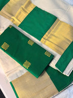 Classic Kerala Kasavu Saree with Emerald Green Blouse