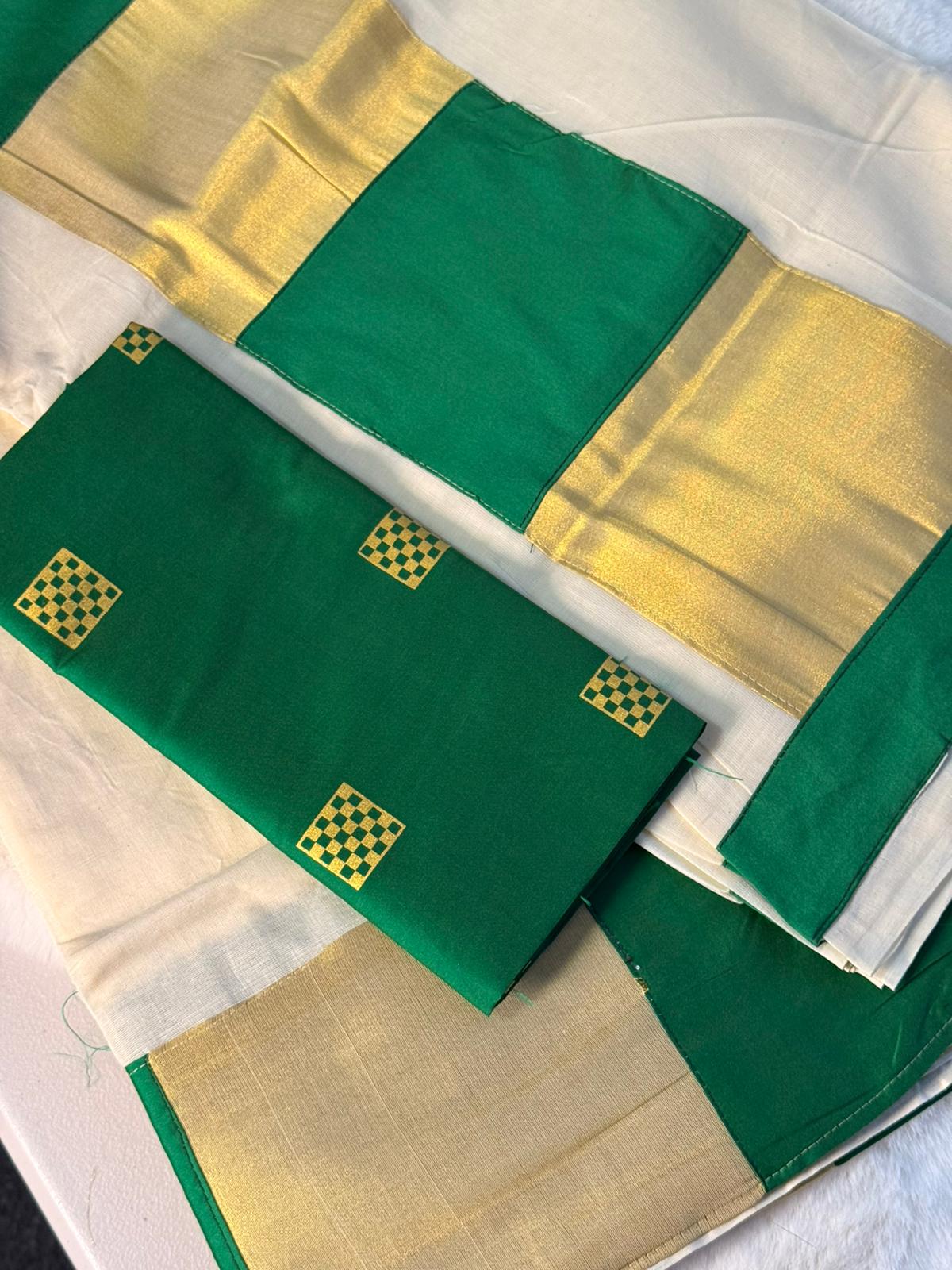 Classic Kerala Kasavu Saree with Emerald Green Blouse
