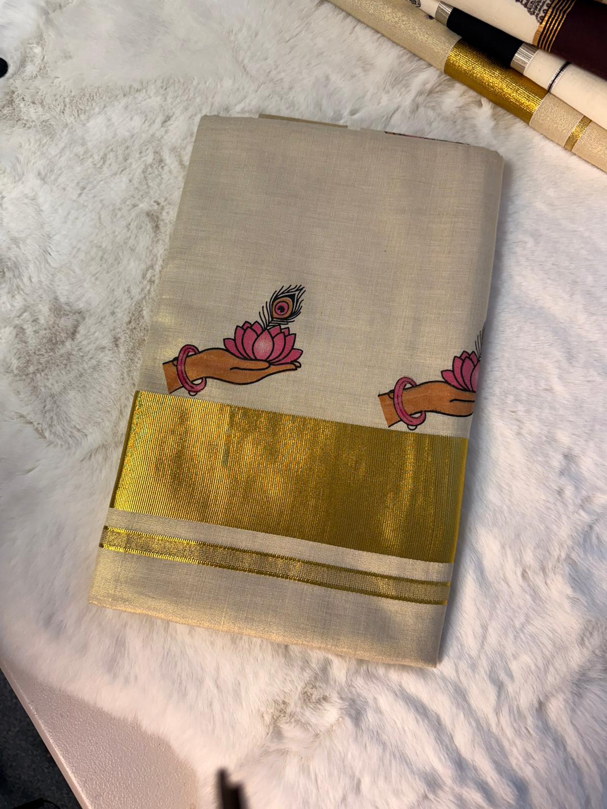 Traditional Kerala Kasavu Saree with Lotus Motif Border