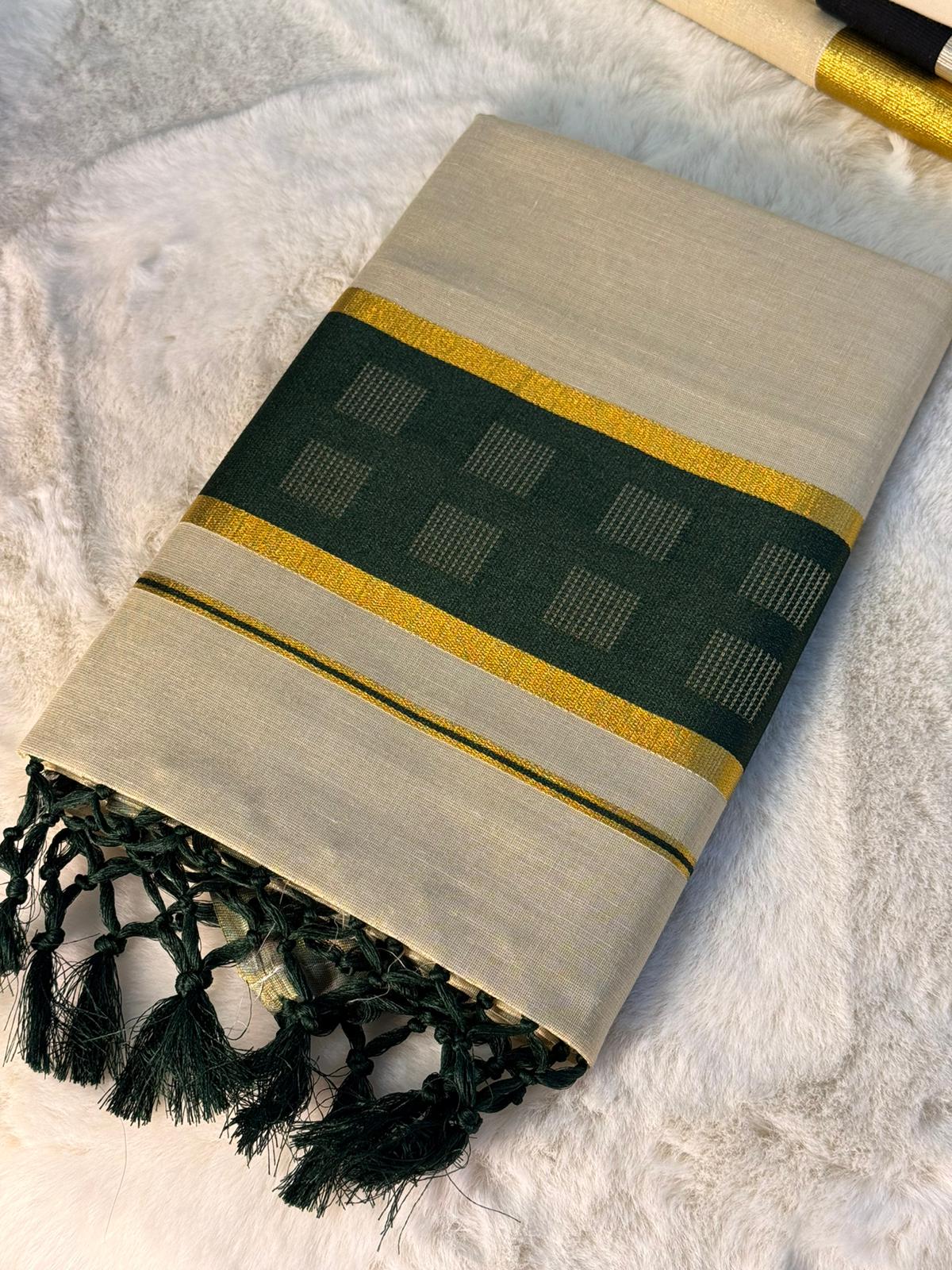 Elegant Olive Green Checked Kerala Kasavu Saree with Tassels