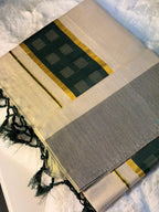 Elegant Olive Green Checked Kerala Kasavu Saree with Tassels