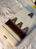 Temple Heritage Kerala Kasavu Saree with Traditional Gopuram Print