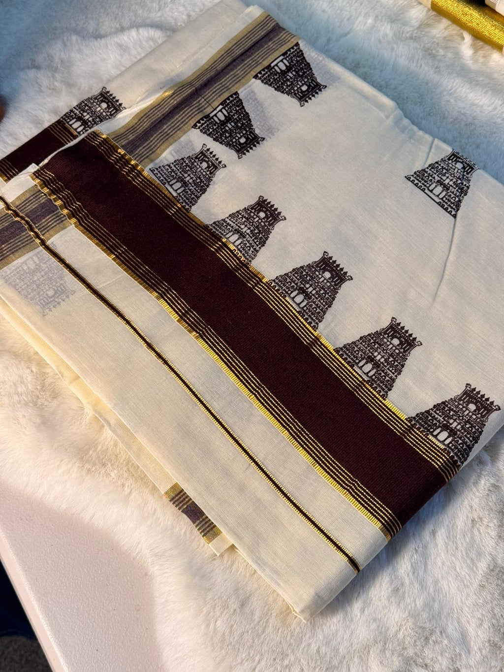 Temple Heritage Kerala Kasavu Saree with Traditional Gopuram Print