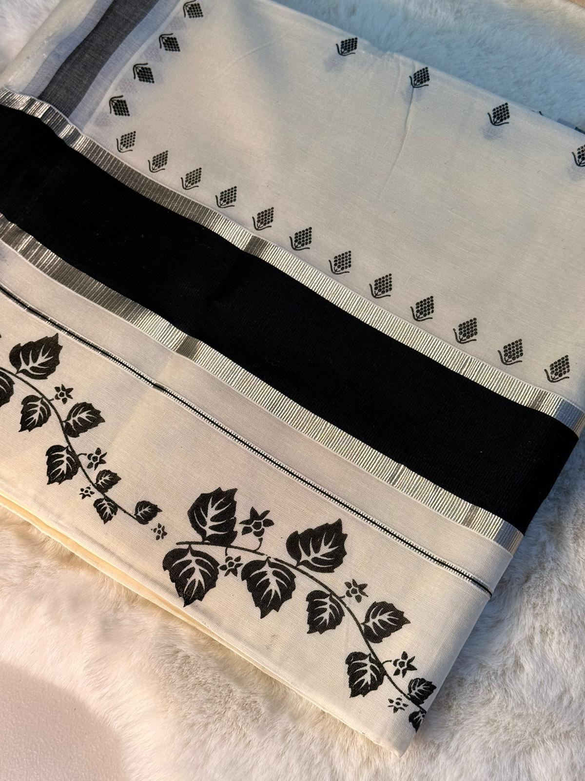 Elegant Monochrome Kerala Kasavu Saree with Black Floral Border