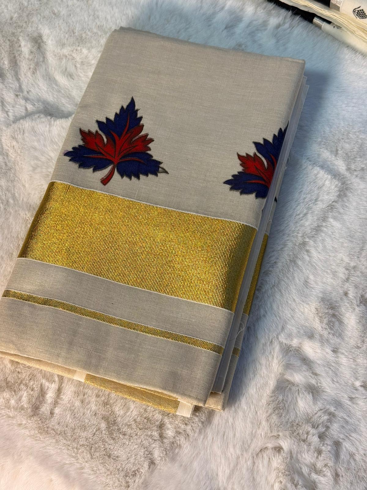 Maple Leaf Inspired Kerala Kasavu Saree with Dual-Tone Print