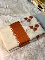 Rust Floral Printed Kerala Kasavu Saree with Contemporary Border