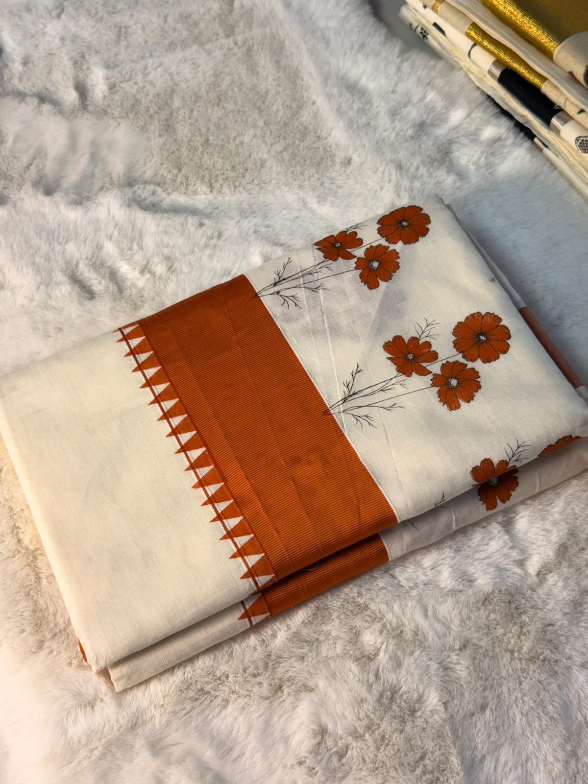 Rust Floral Printed Kerala Kasavu Saree with Contemporary Border