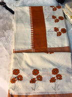 Rust Floral Printed Kerala Kasavu Saree with Contemporary Border