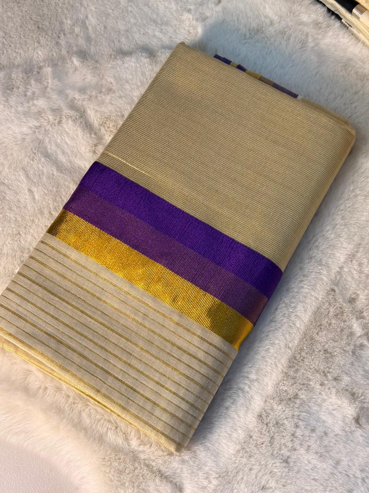 Classic Kerala Kasavu Saree with Royal Purple Border