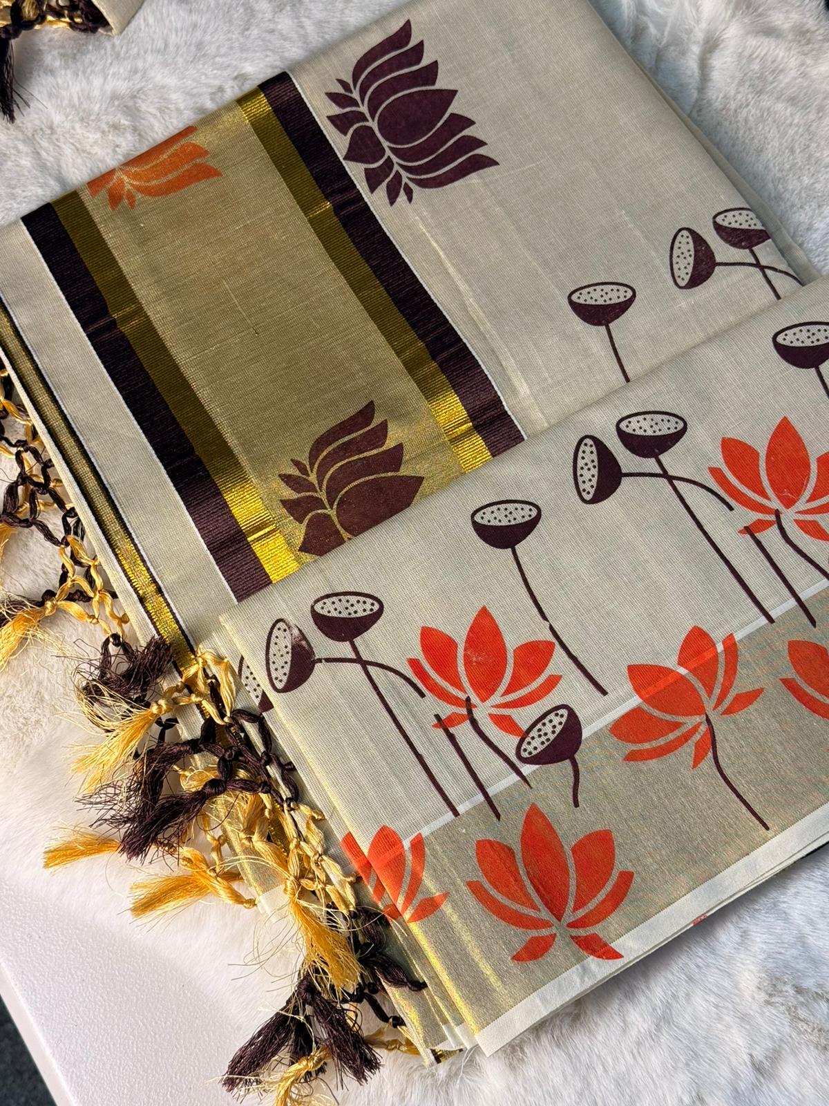 Elegant Lotus Motif Kerala Kasavu Saree with Tassel Detailing