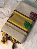 Dual Lotus Print Kerala Kasavu Saree with Elegant Tassels
