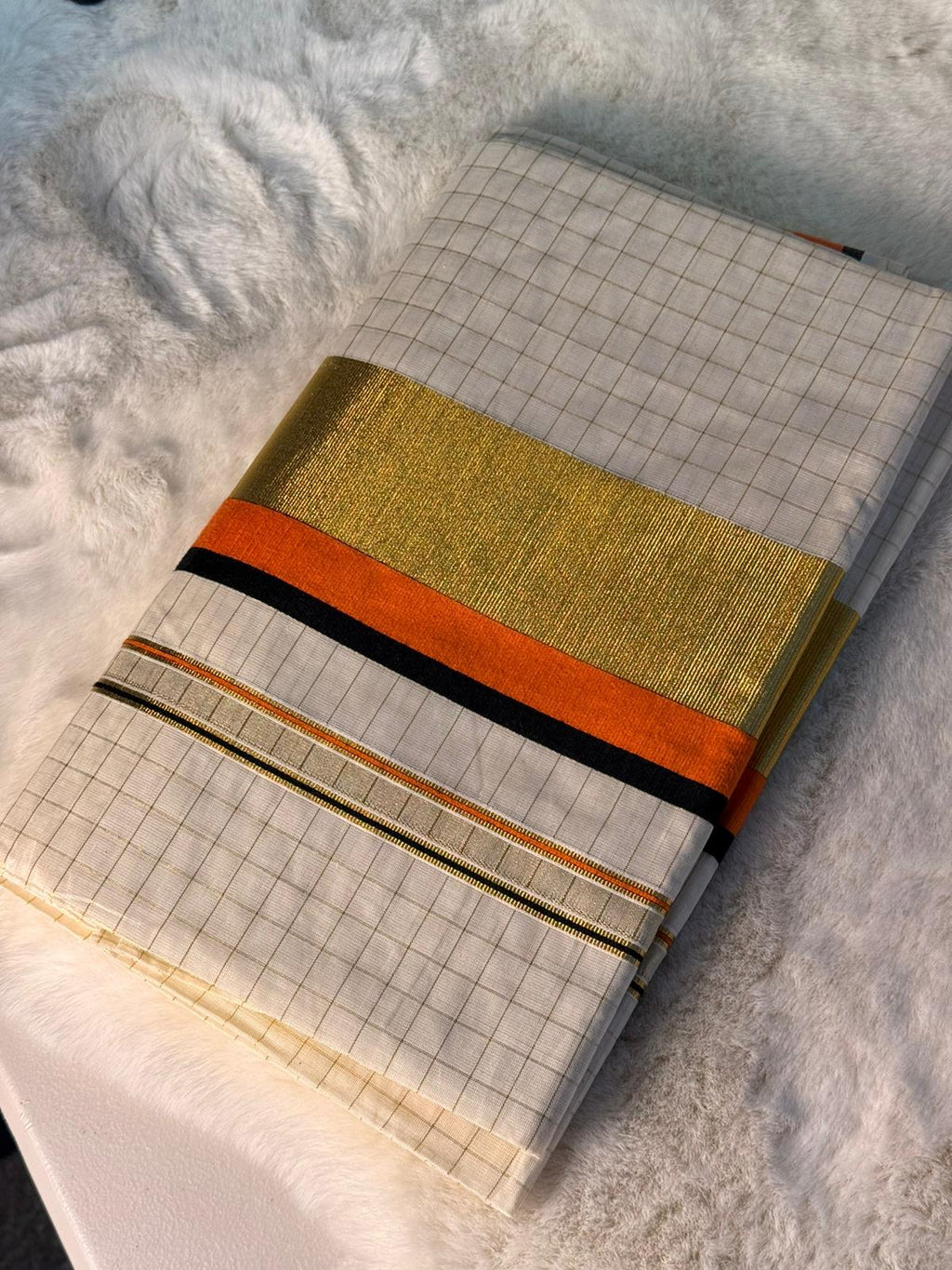 Minimal Grid Pattern Kerala Kasavu Saree with Orange & Black Border