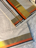 Minimal Grid Pattern Kerala Kasavu Saree with Orange & Black Border