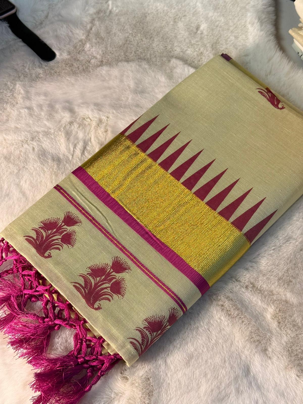 Elegant Magenta Temple Border Kerala Kasavu Saree with Tassels