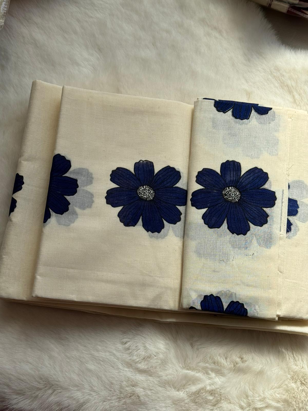 Elegant Kerala Floral Set Mundu with Matching Blouse Piece – Royal Blue Design