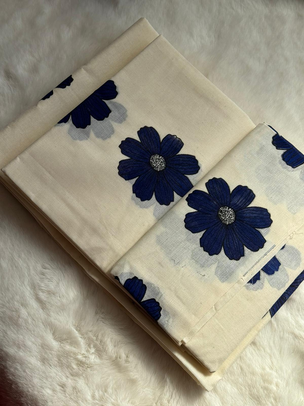 Elegant Kerala Floral Set Mundu with Matching Blouse Piece – Royal Blue Design