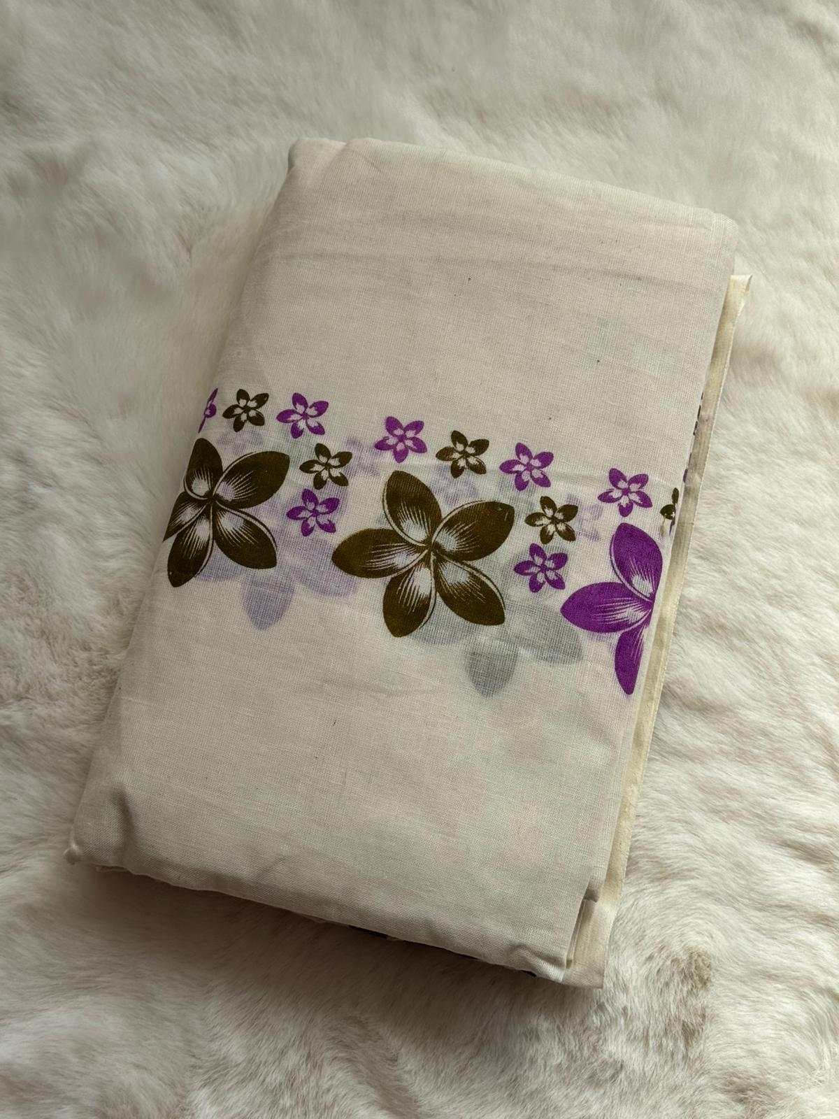 Premium Kerala Floral Set Mundu with Matching Blouse Piece – Purple Bloom Design