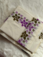 Premium Kerala Floral Set Mundu with Matching Blouse Piece – Purple Bloom Design