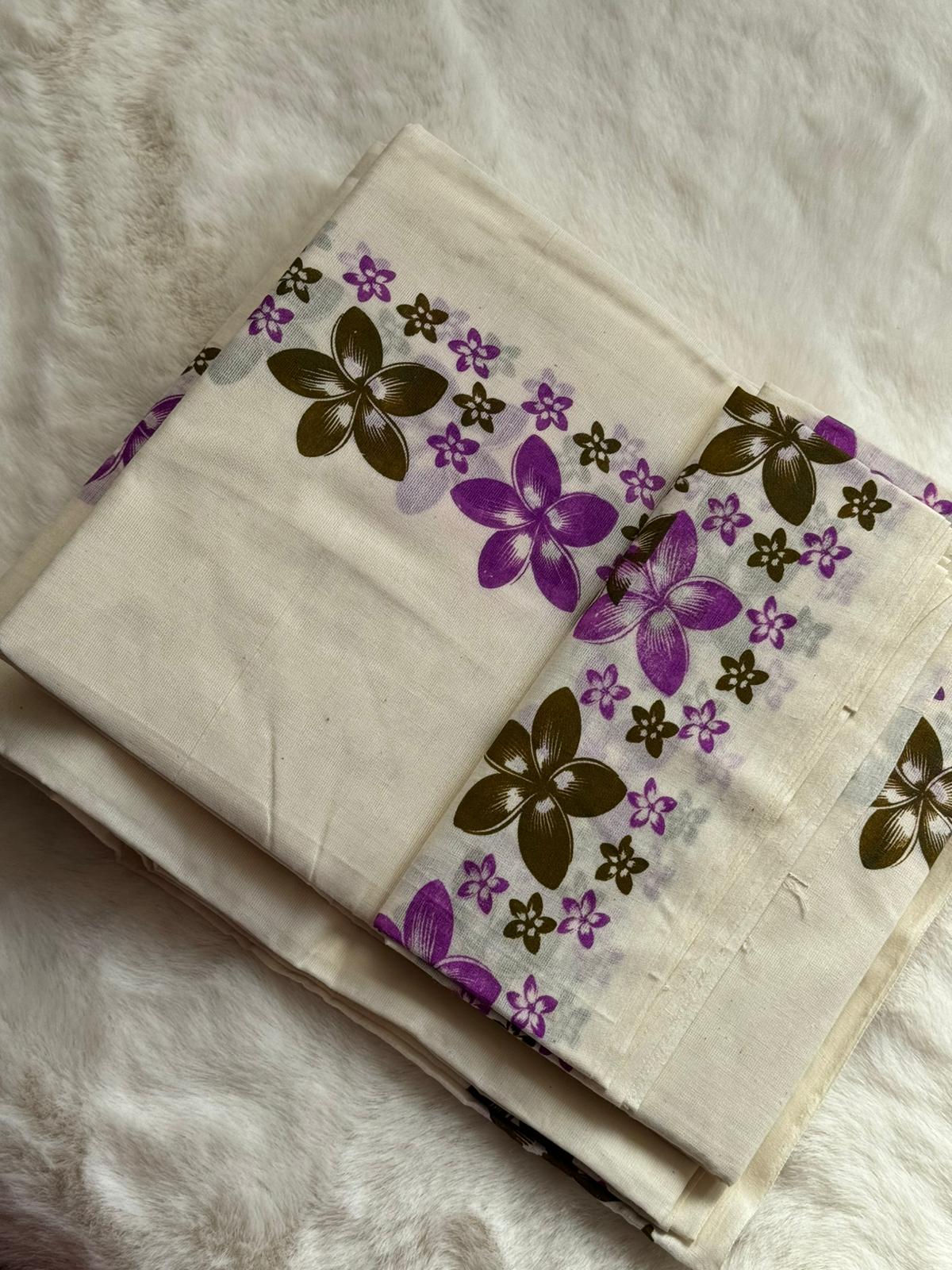 Premium Kerala Floral Set Mundu with Matching Blouse Piece – Purple Bloom Design