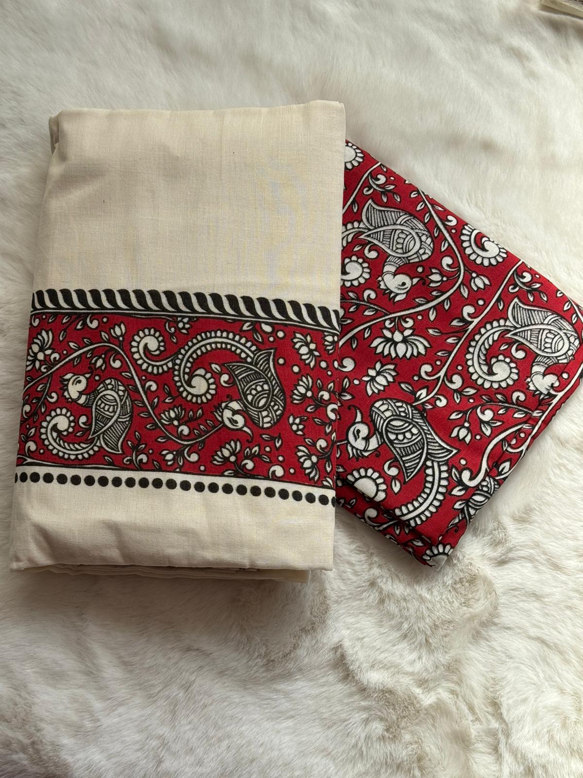 Red Kalamkari Inspired Kerala Set Mundu – Traditional Printed Design