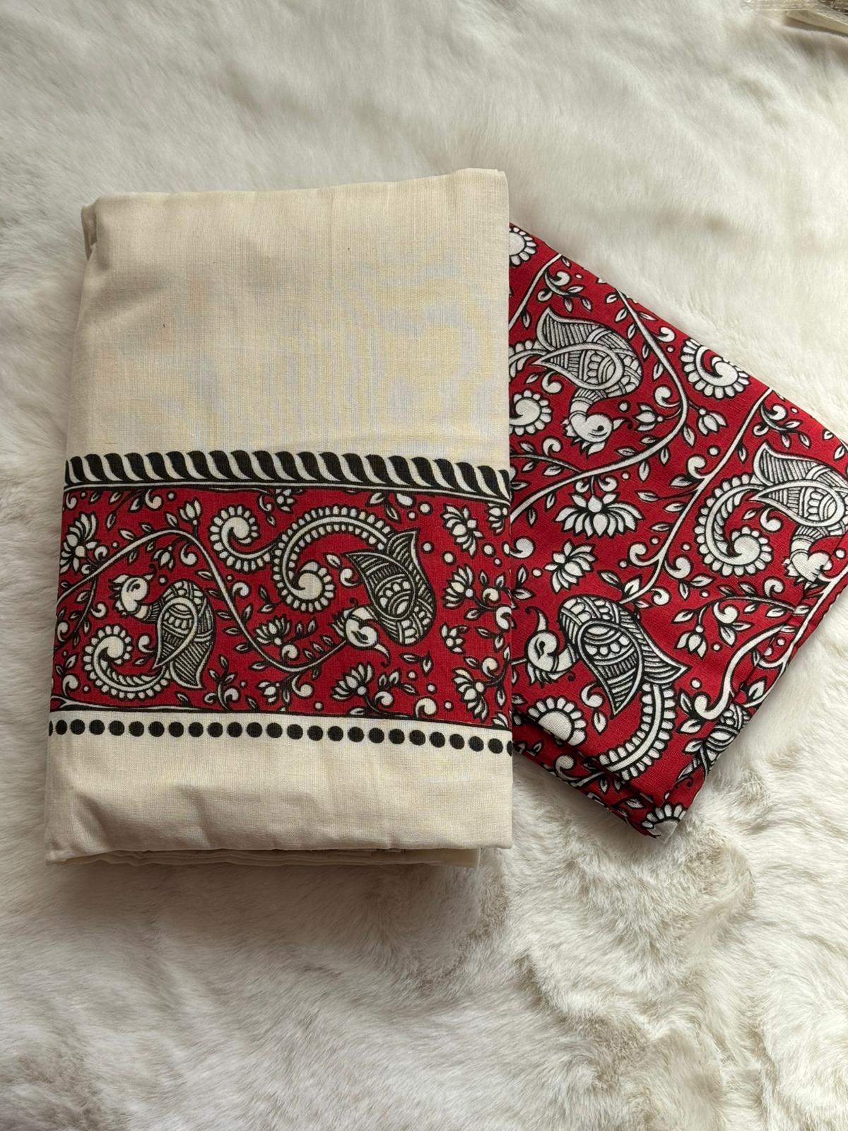 Red Kalamkari Inspired Kerala Set Mundu – Traditional Printed Design