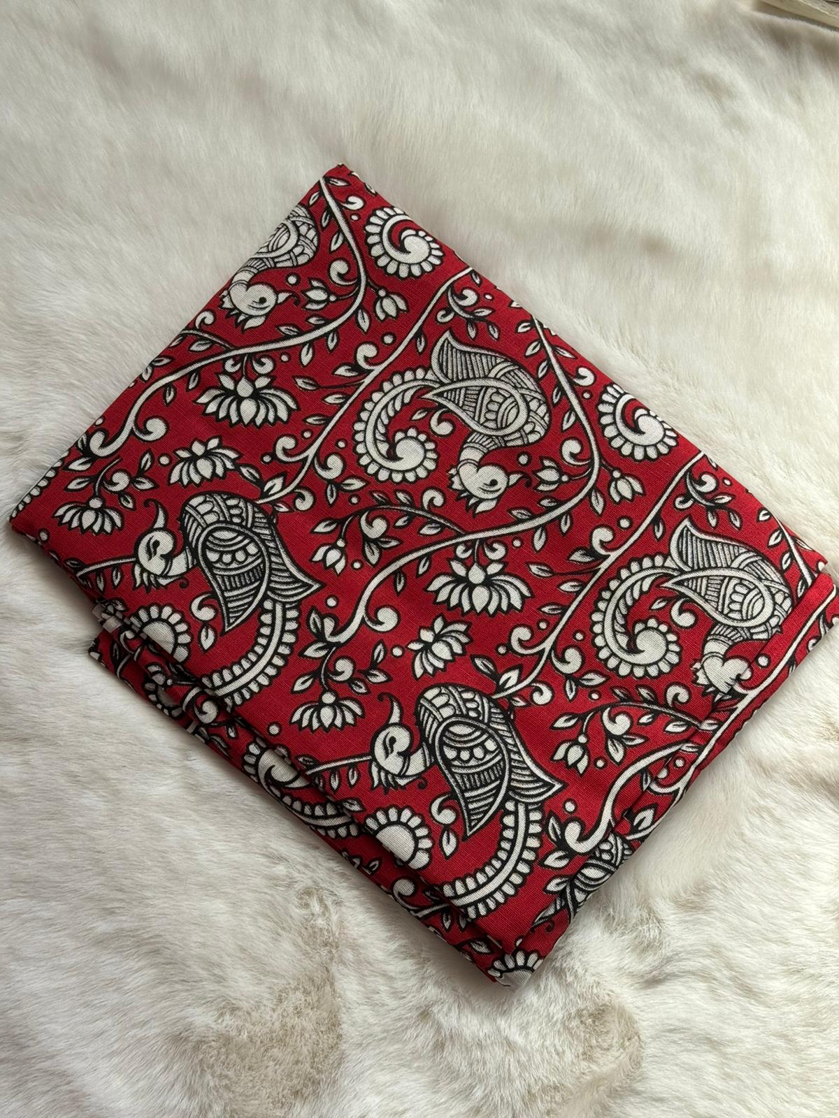Red Kalamkari Inspired Kerala Set Mundu – Traditional Printed Design