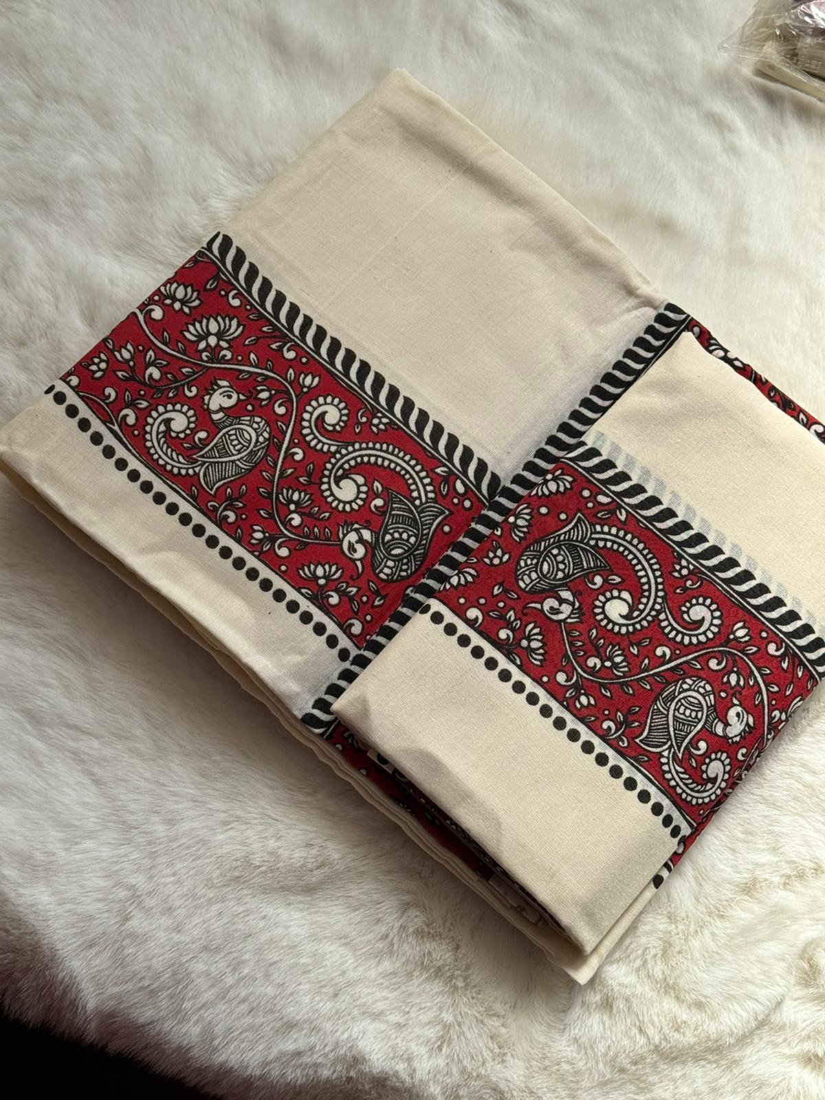 Red Kalamkari Inspired Kerala Set Mundu – Traditional Printed Design