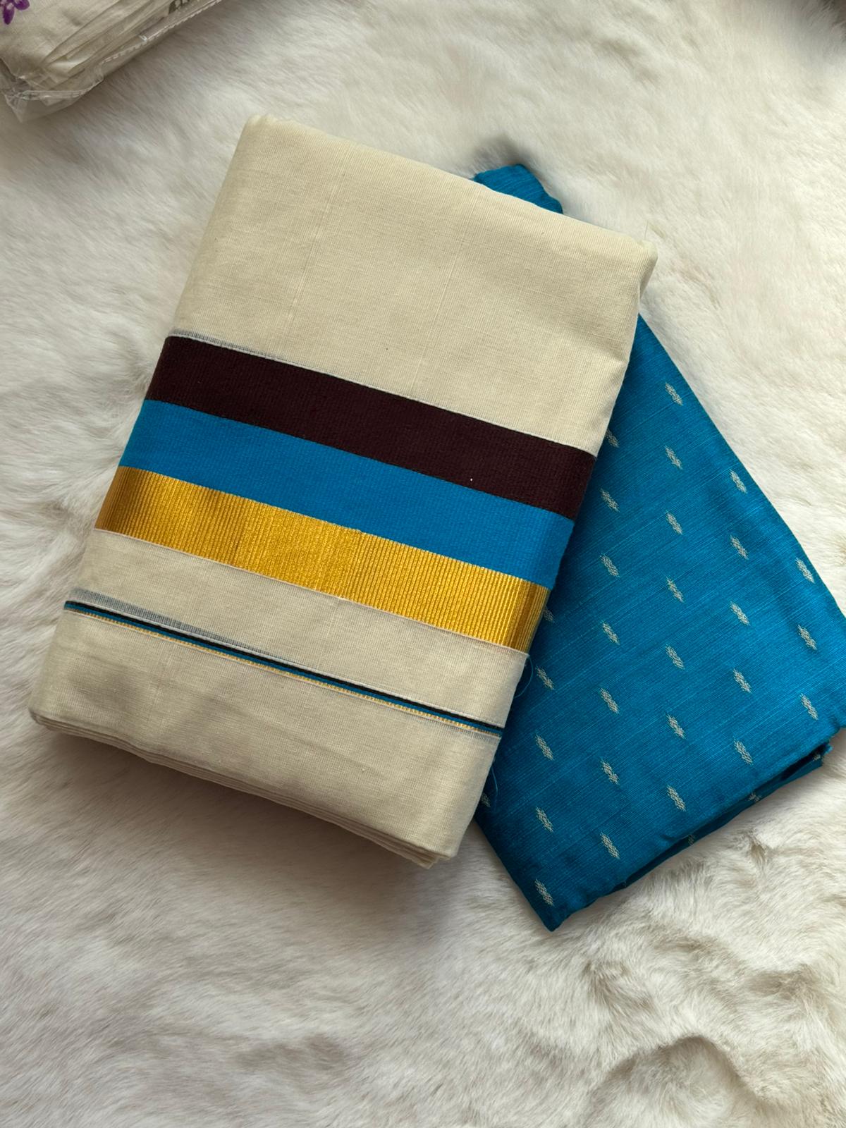 Premium Kerala Set Mundu with Blue & Gold Border and Matching Blouse Piece