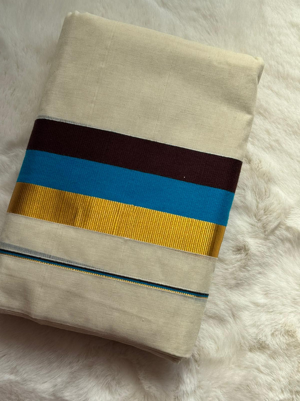 Premium Kerala Set Mundu with Blue & Gold Border and Matching Blouse Piece