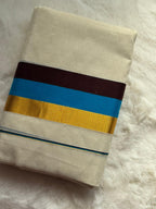 Premium Kerala Set Mundu with Blue & Gold Border and Matching Blouse Piece