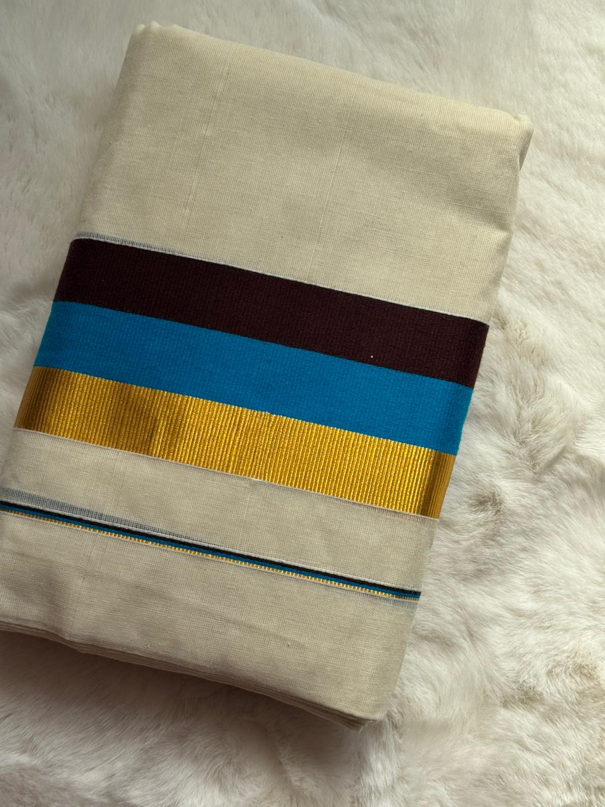 Premium Kerala Set Mundu with Blue & Gold Border and Matching Blouse Piece