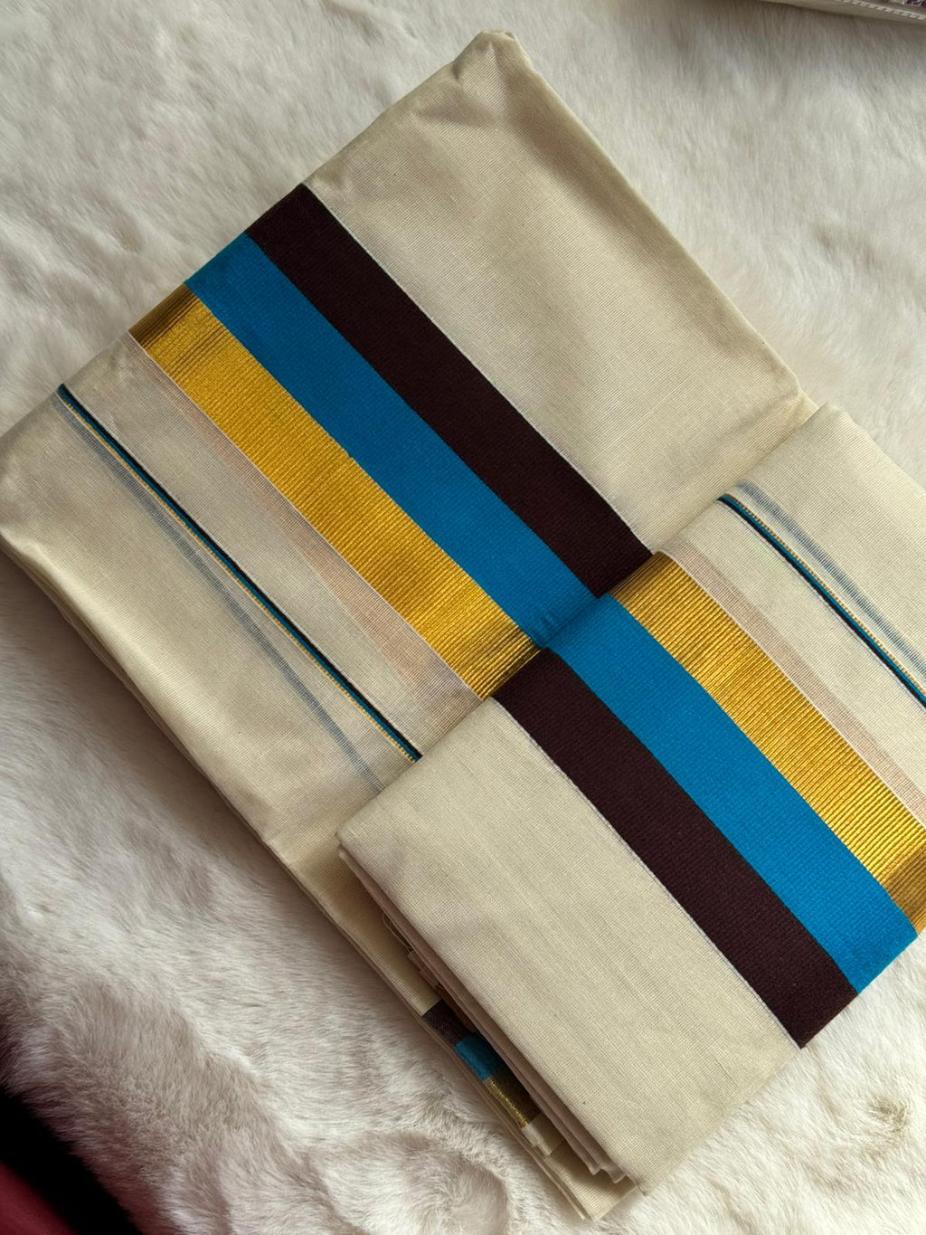 Premium Kerala Set Mundu with Blue & Gold Border and Matching Blouse Piece