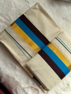 Premium Kerala Set Mundu with Blue & Gold Border and Matching Blouse Piece