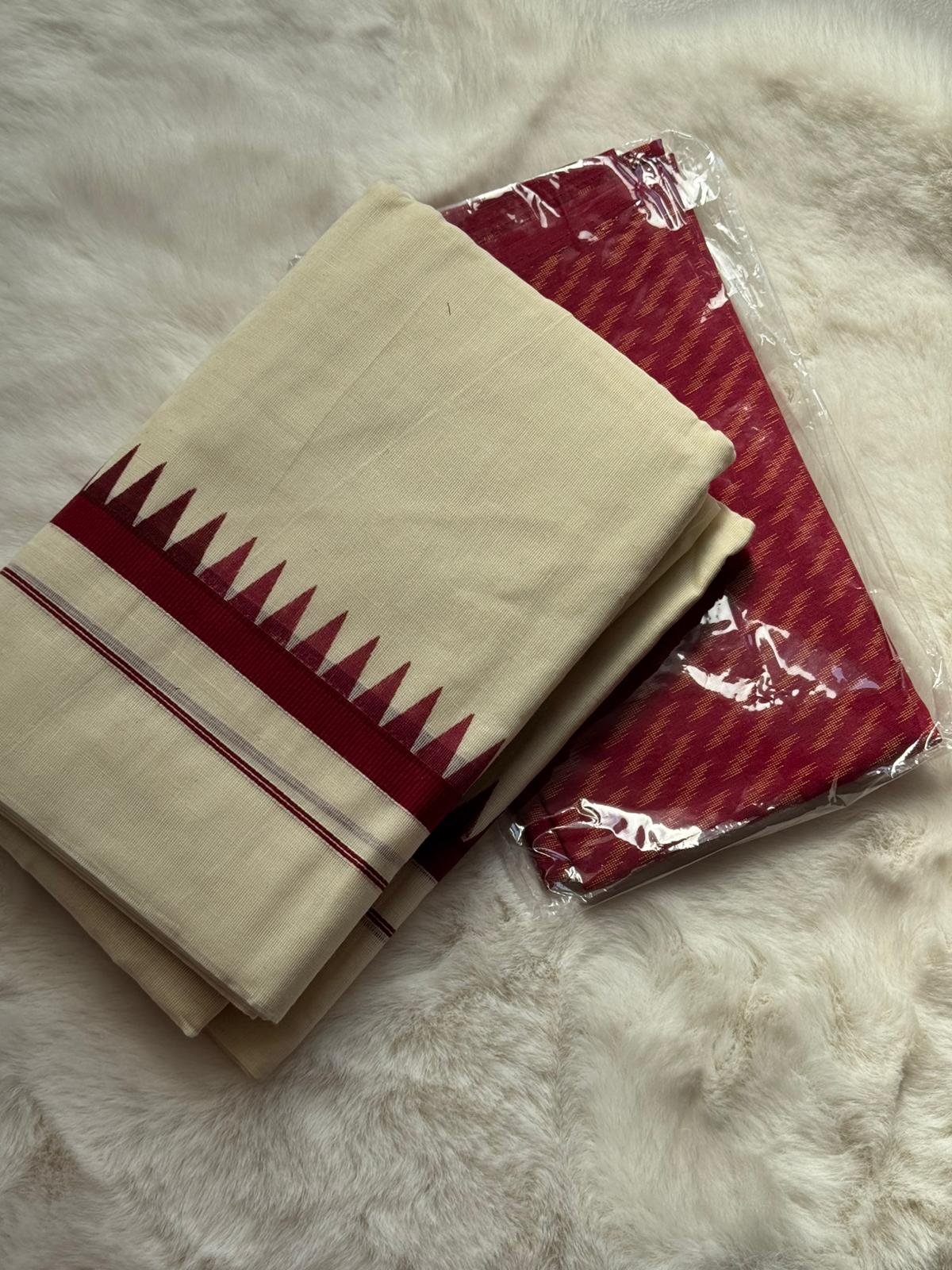 Kerala Temple Border Set Mundu with Matching Blouse Piece – Red