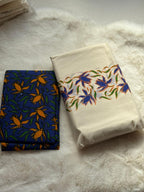 Traditional Kerala Printed Set Mundu with Matching Blouse Piece – Blue & Orange Floral Pattern