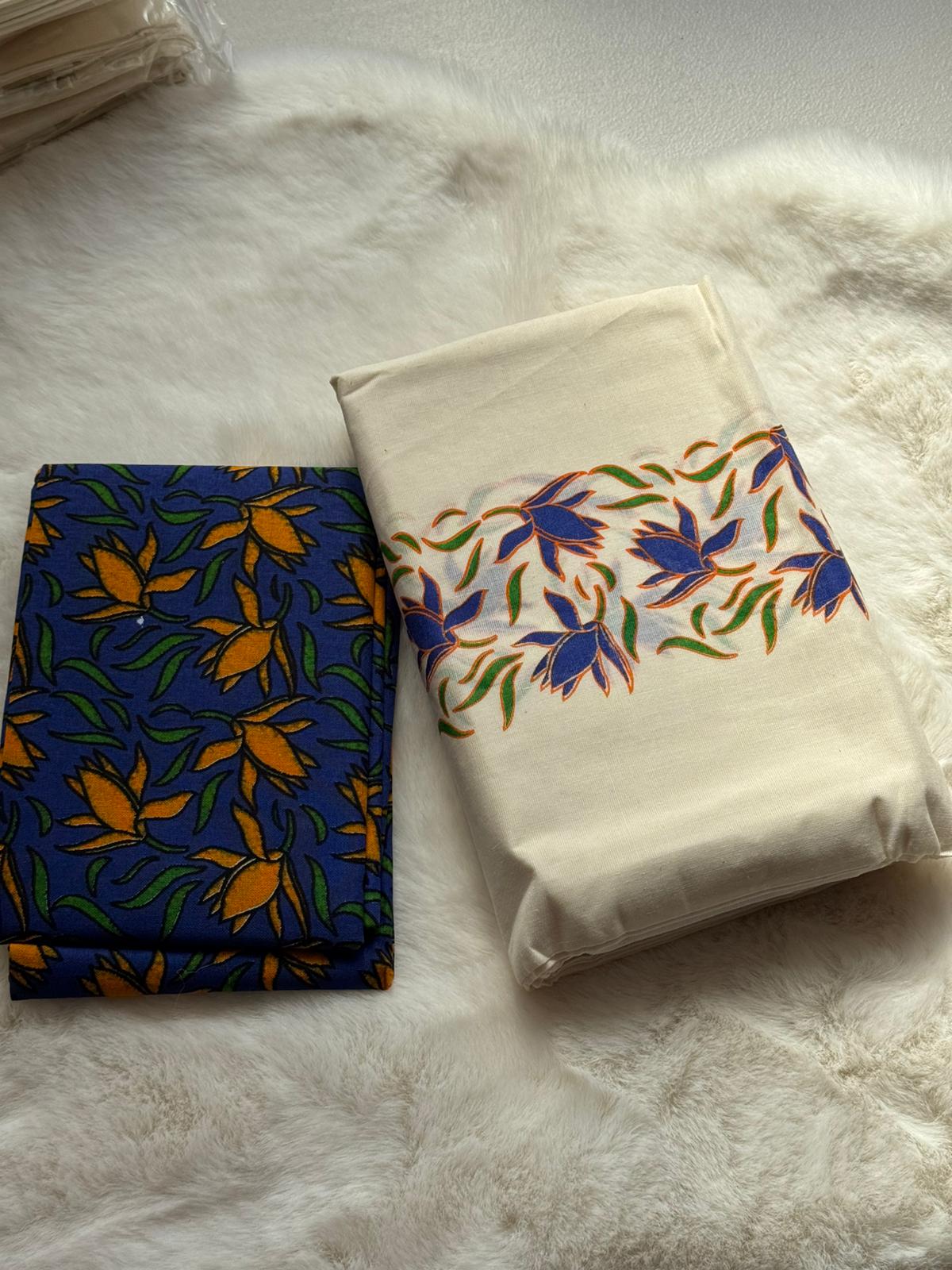 Traditional Kerala Printed Set Mundu with Matching Blouse Piece – Blue & Orange Floral Pattern