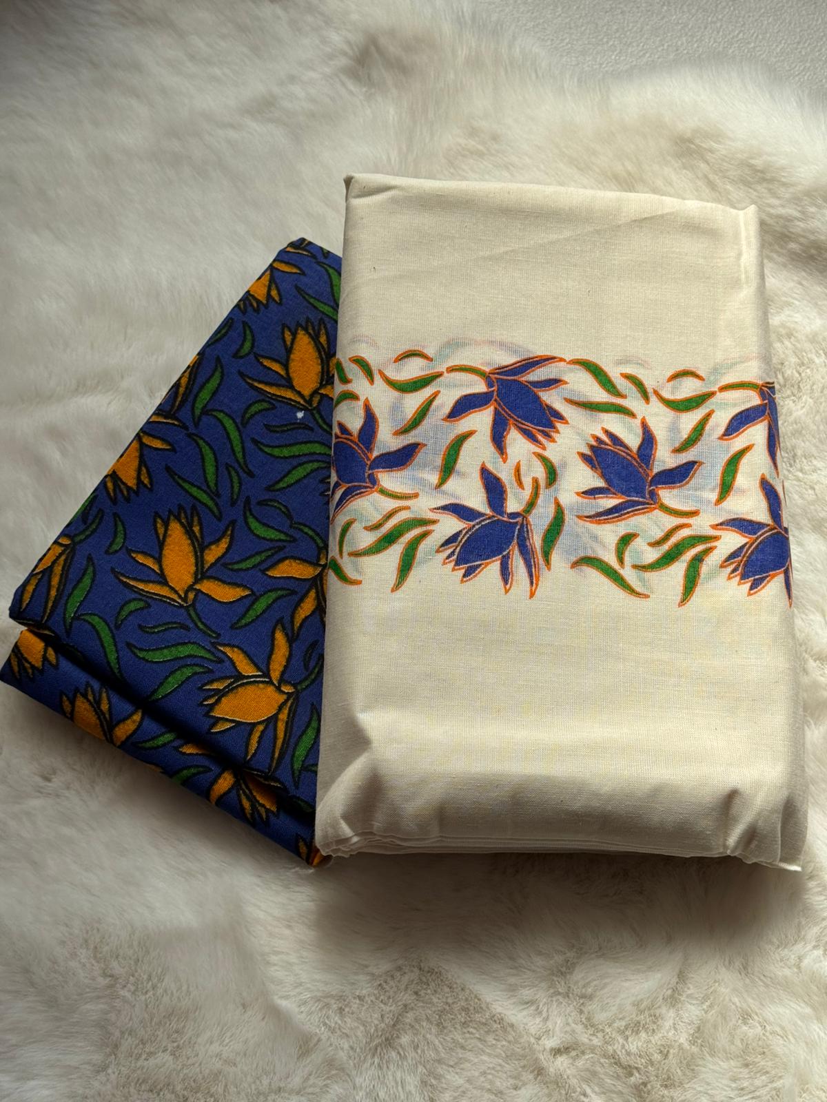Traditional Kerala Printed Set Mundu with Matching Blouse Piece – Blue & Orange Floral Pattern