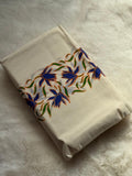 Traditional Kerala Printed Set Mundu with Matching Blouse Piece – Blue & Orange Floral Pattern