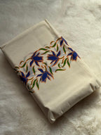 Traditional Kerala Printed Set Mundu with Matching Blouse Piece – Blue & Orange Floral Pattern