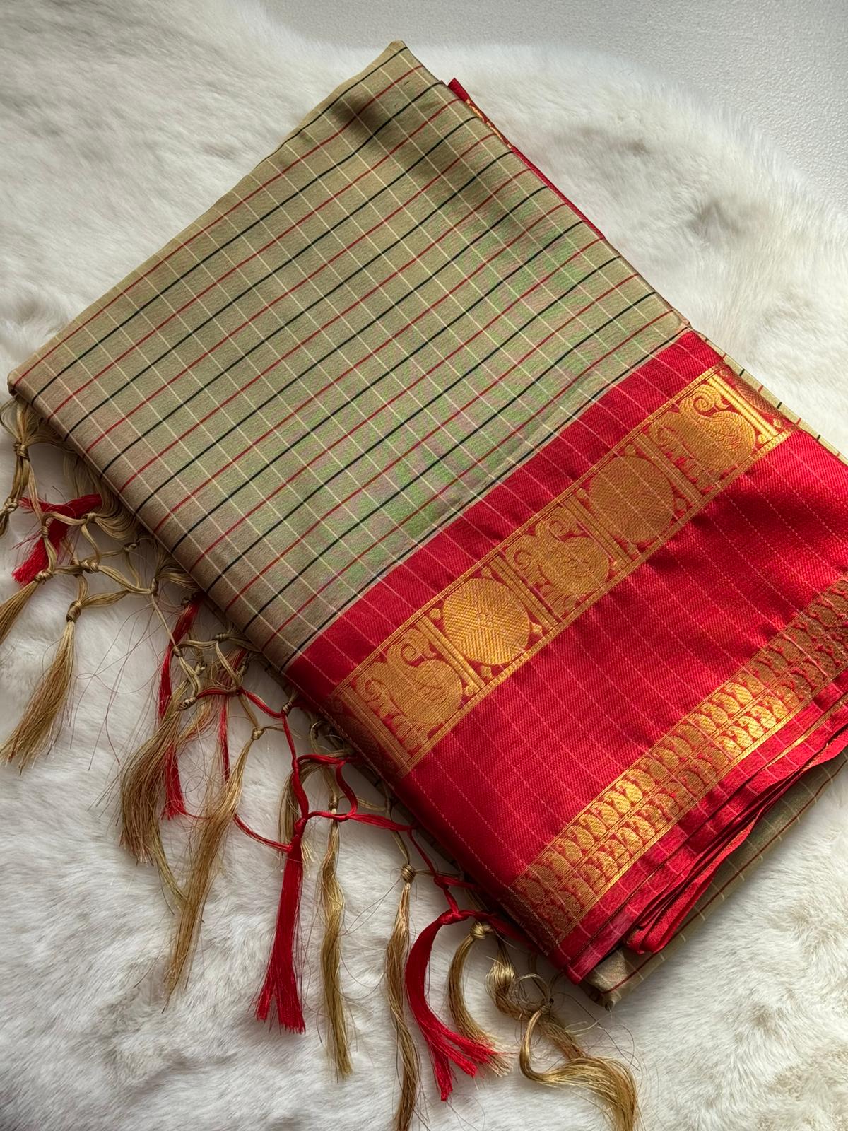 Classic Beige & Crimson Red Traditional Saree ❤️✨