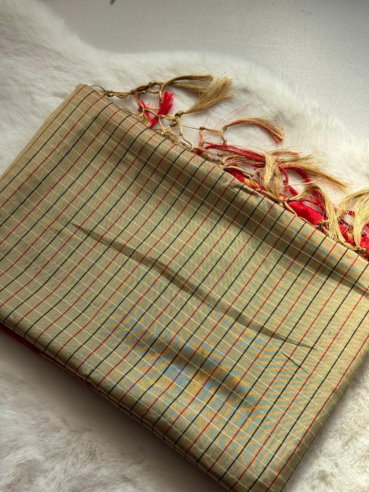 Classic Beige & Crimson Red Traditional Saree ❤️✨