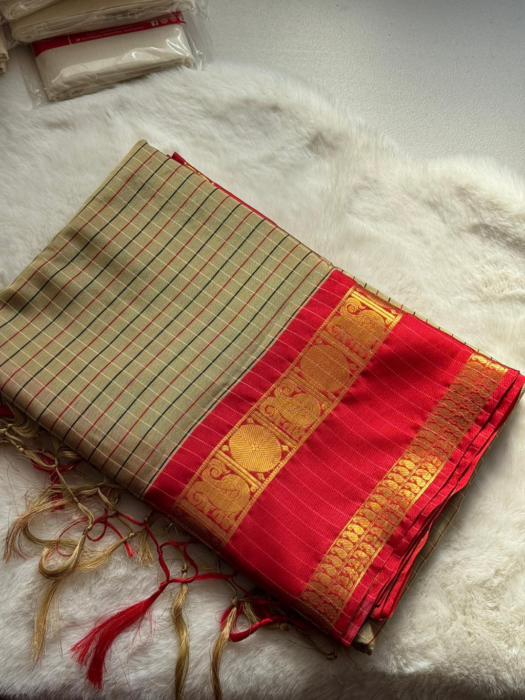 Classic Beige & Crimson Red Traditional Saree ❤️✨