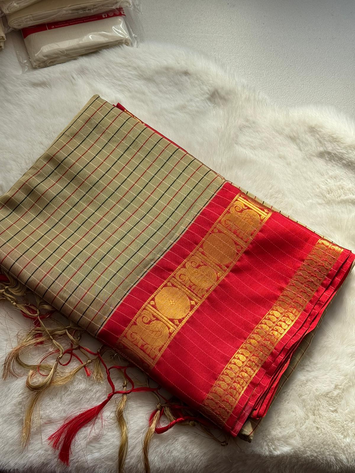 Classic Beige & Crimson Red Traditional Saree ❤️✨