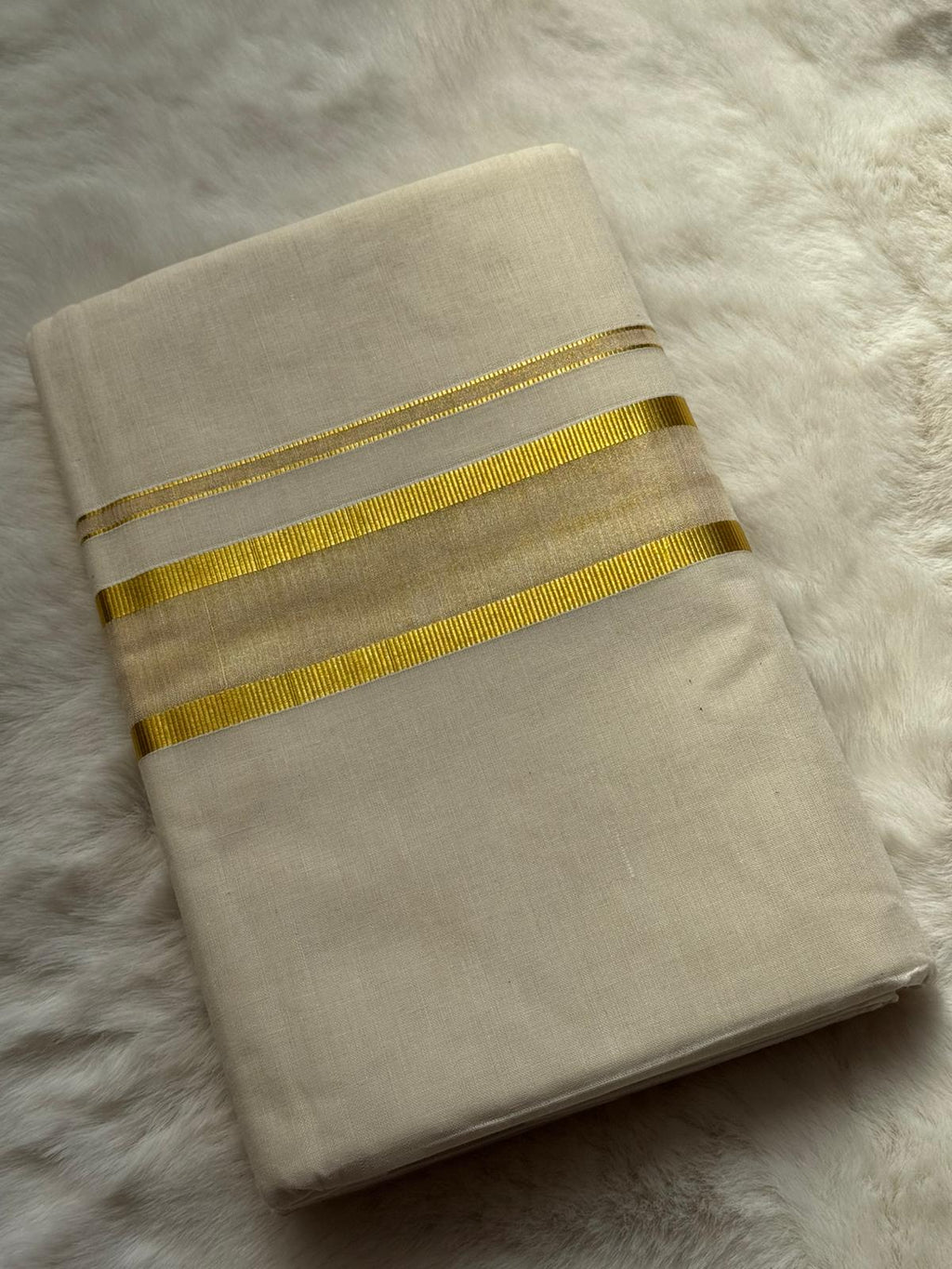 Premium Kerala Kasavu Dhoti – Double Gold Border Edition