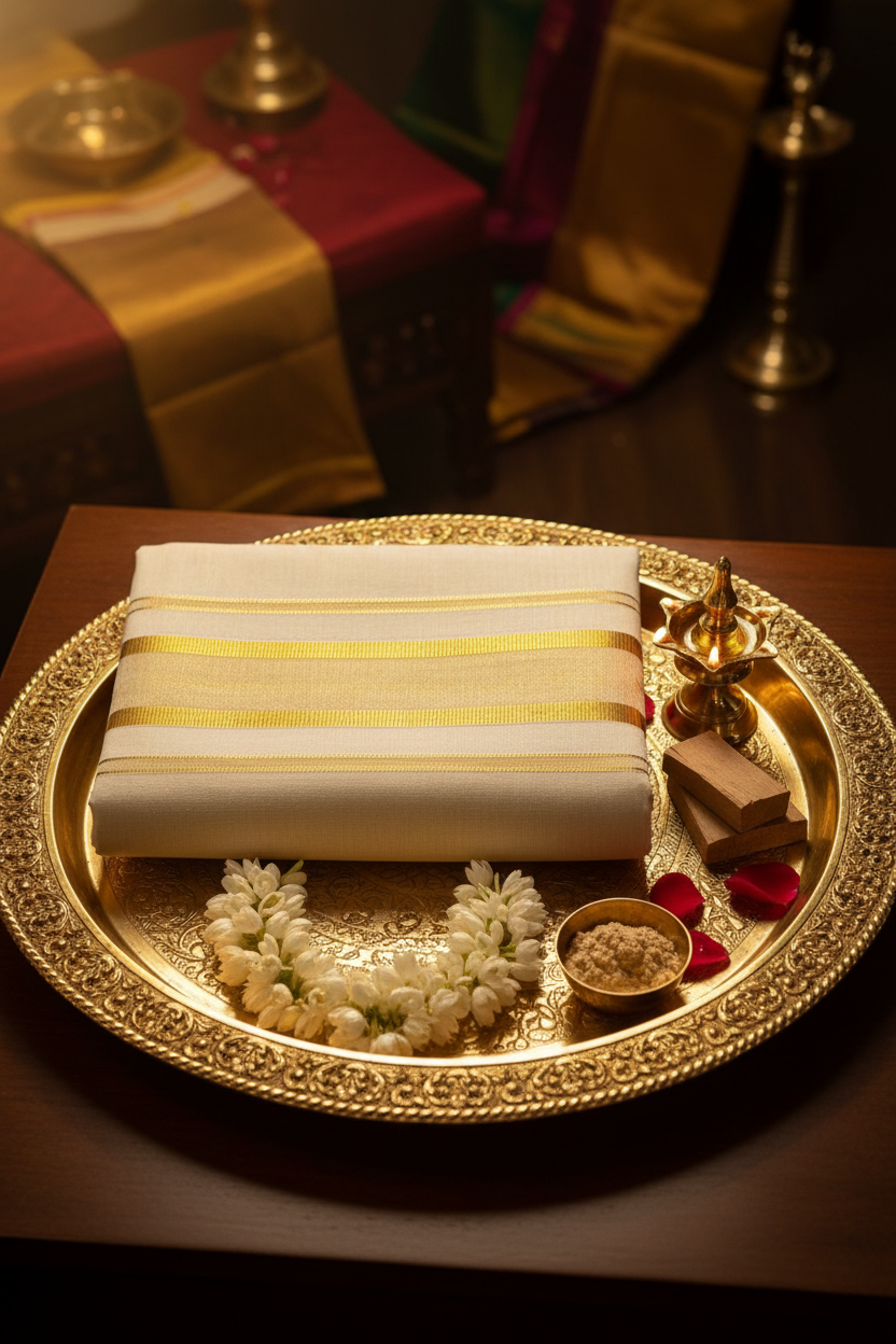 Premium Kerala Kasavu Dhoti – Double Gold Border Edition