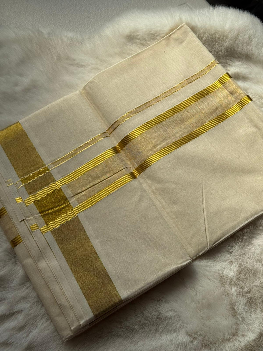 Premium Kerala Kasavu Dhoti – Double Gold Border Edition