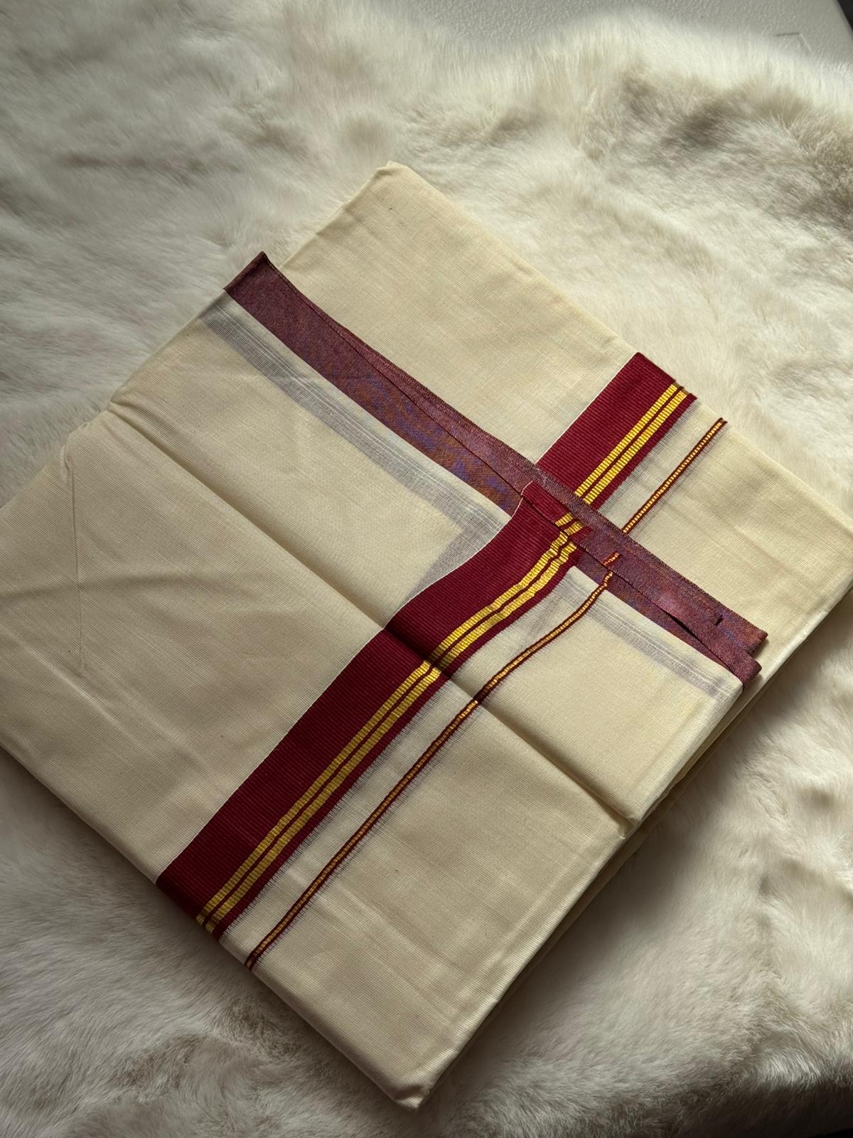 Traditional Kerala Dhoti – Maroon & Gold Temple Border