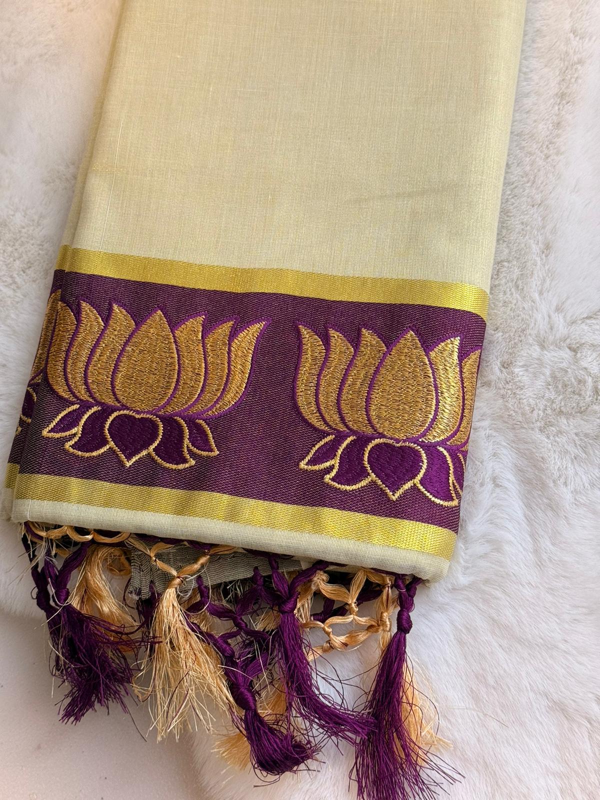 Golden Lotus Kerala Kasavu Saree – Royal Purple Edition