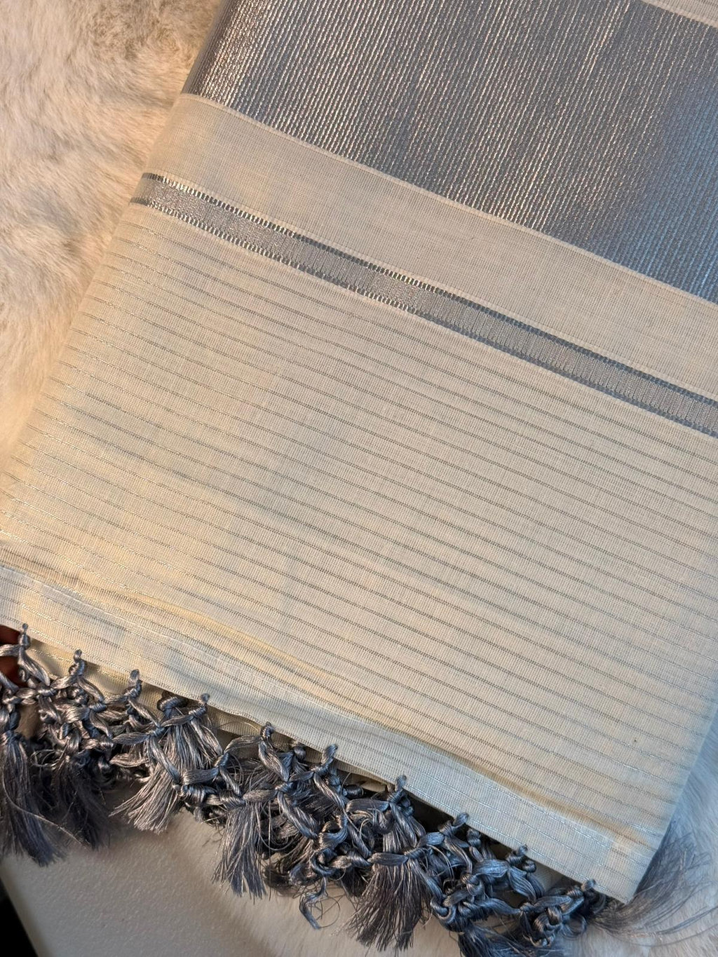Silver Stripe Kerala Kasavu Saree with Tassel Detailing