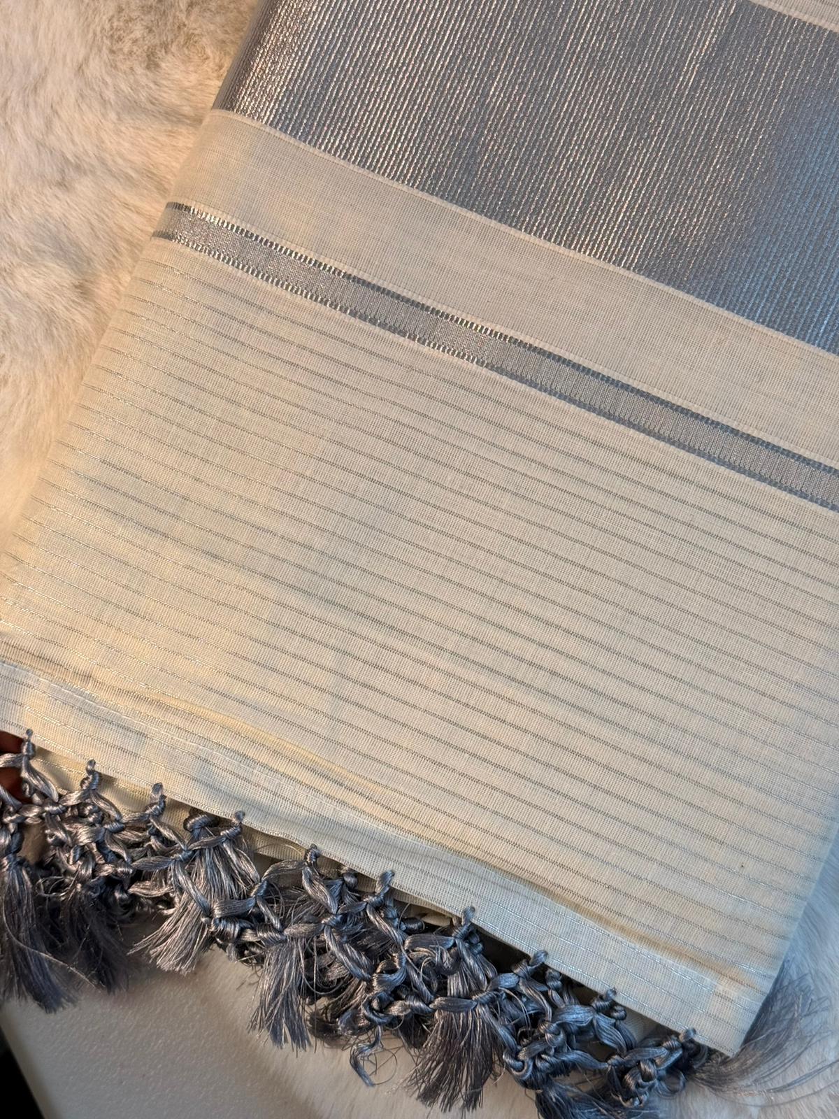 Silver Stripe Kerala Kasavu Saree with Tassel Detailing